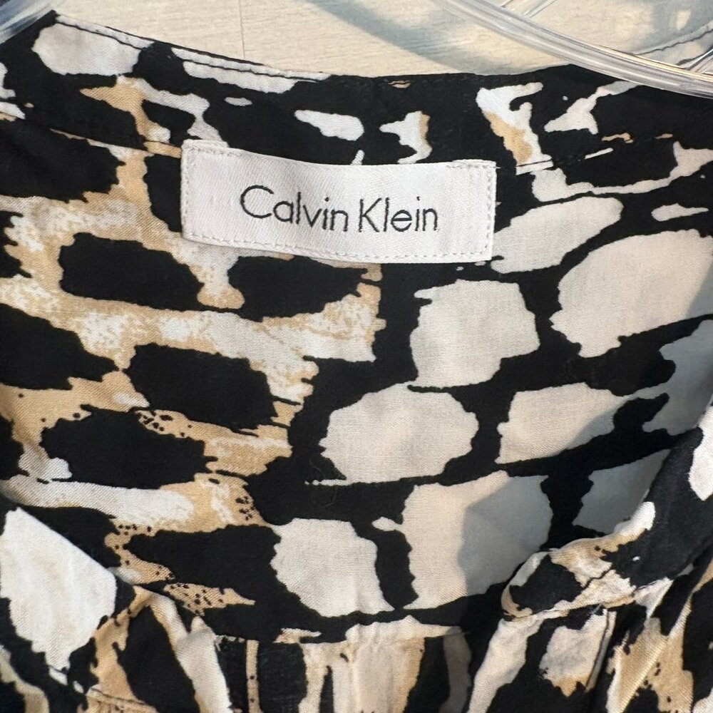 Calvin Klein Black Beige Animal Print Long Roll Tab Sleeves Buttons Up Shirt - Picture 3 of 7